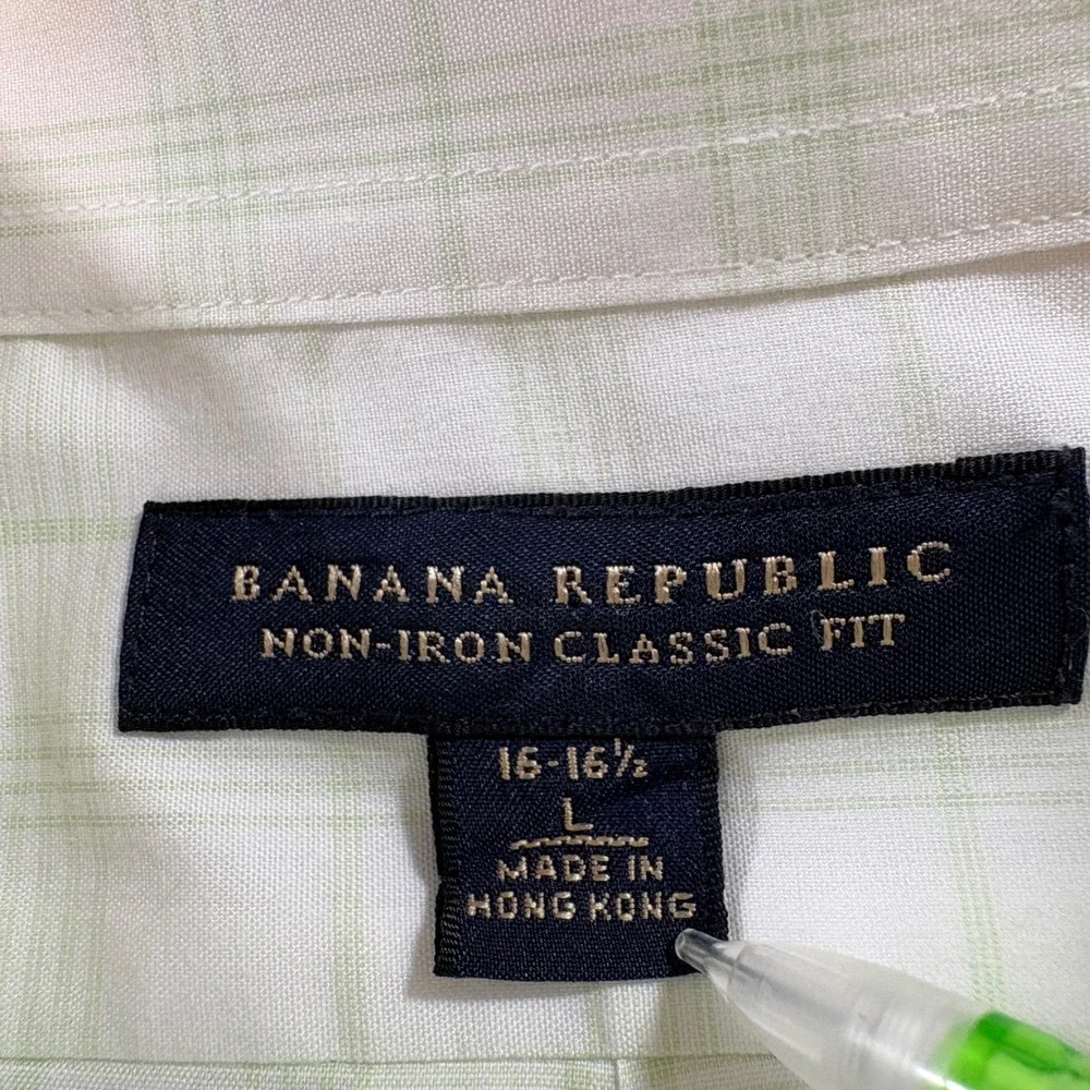 Banana Republic Shirt Mens Large 16-16.5 Green Grid Non-Iron Classic Fit Cotton
